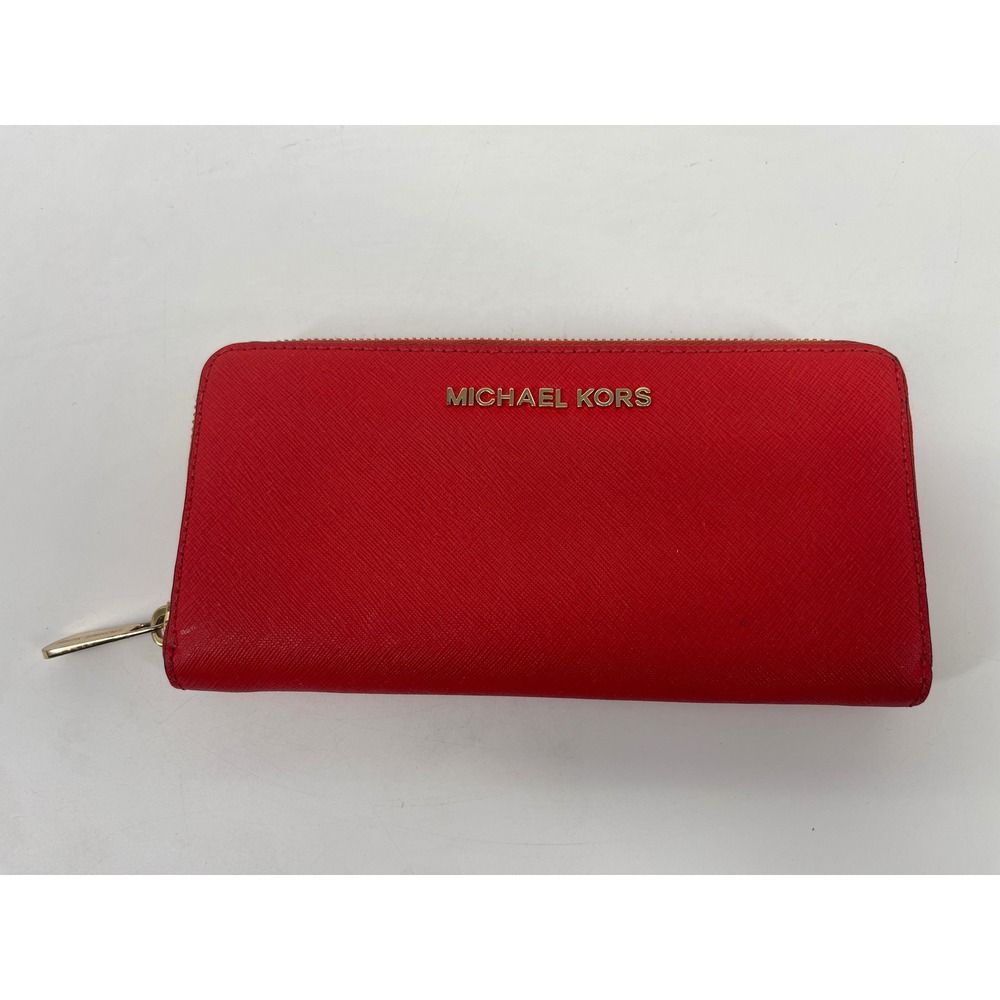 Michael Kors Jet Set Travel Wallet Red Saffiano Leather Zip Around Continental